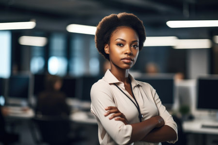shot of a young woman standing with her arms crossed while working in a call center, created with generative aiの素材