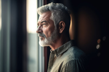 shot of a mature man standing in front of a window at home, created with generative aiの素材