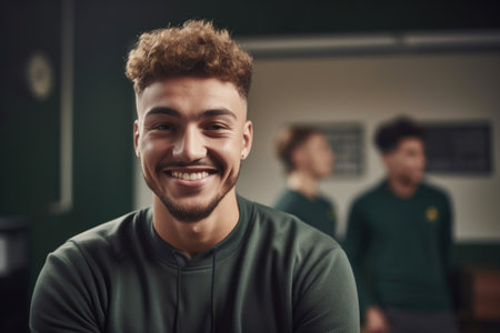 shot of a young man looking happy and confident after having his session with his job coach, created with generative aiの素材