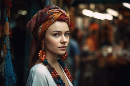 shot of a beautiful young woman in an exotic marketplace, created with generative aiの素材