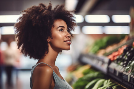 cropped shot of a beautiful young woman in her grocery shop, created with generative aiの素材