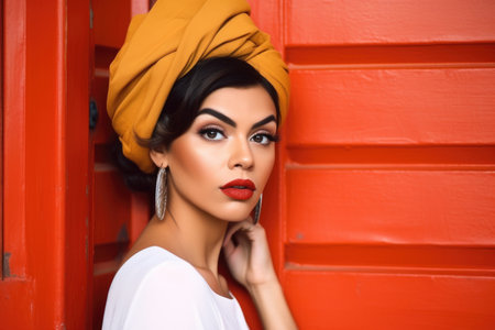shot of a young woman wearing a turban against an orange background, created with generative aiの素材