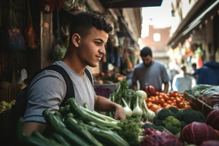 shot of a young man buying fresh produce in the local market, created with generative aiの素材