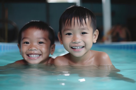 two asian children smiling at the camera while standing in a swimming pool, created with generative aiの素材