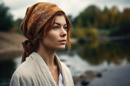 shot of a young woman standing on the bank of a river, created with generative aiの素材