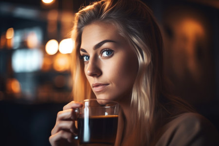 shot of a young woman drinking her coffee, created with generative aiの素材