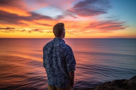 man looking out across the ocean at sunset, created with generative aiの素材