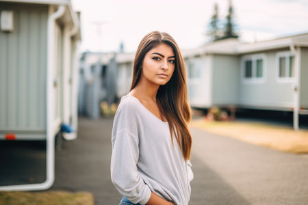 shot of a young woman standing outside in a mobile home community, created with generative aiの素材