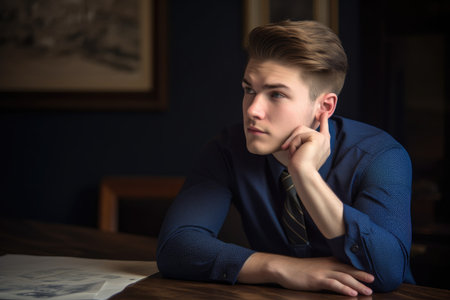 a handsome young man sitting at a desk and looking thoughtful, created with generative aiの素材