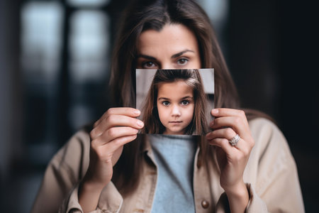 shot of an unrecognizable woman holding a photograph of her child, created with generative aiの素材