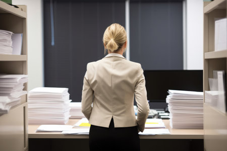 rearview shot of a businesswoman handling paperwork in an office, created with generative aiの素材