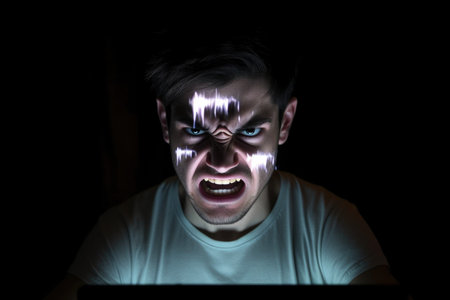 shot of a young man using a laptop with an angry face projected onto the screen, created with generative aiの素材