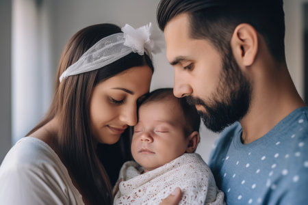 cropped shot of a young couple looking at their newborn daughter, created with generative aiの素材