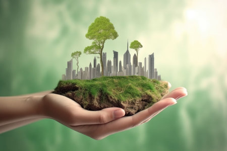 hands, community and city with a woman on a mountain for saving our planet from eco friendly growth, created with generative aiの素材