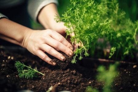 shot of an unrecognizable woman planting seedlings in soil, created with generative aiの素材