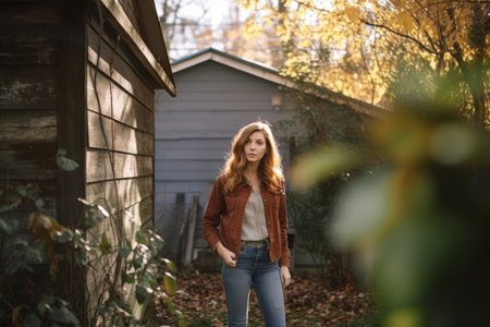 shot of a young woman standing in a yard, created with generative aiの素材