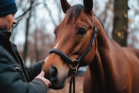 cropped shot of a man patting a horse, created with generative aiの素材