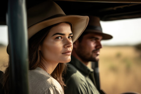 shot of a young woman on game drive with her husband in nature, created with generative aiの素材