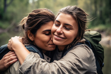 shot of an emotional young woman hugging her female guide, created with generative aiの素材