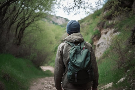 rearview shot of an unrecognizable man setting out to explore in nature, created with generative aiの素材