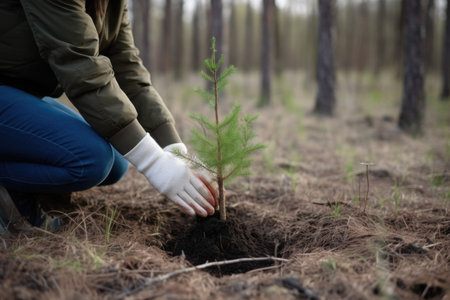 cropped shot of an unrecognizable woman planting a tree at the edge of a forest, created with generative aiの素材