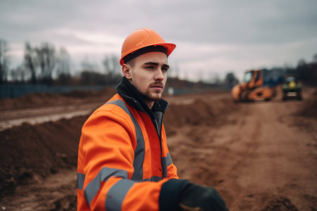 shot of a young man working at the site of a new road project, created with generative aiの素材