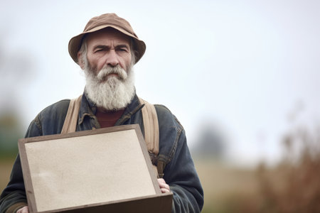 shot of a farmer standing outside holding a blank sign, created with generative aiの素材