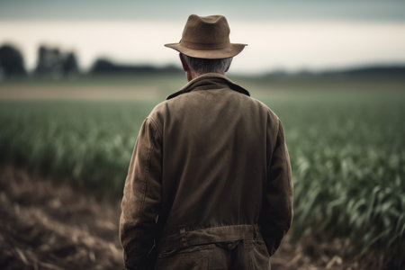 unrecognizable shot of a farmer standing in his field, created with generative aiの素材