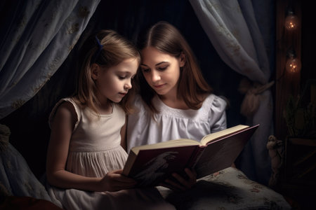 a mother and daughter reading a book together, created with generative aiの素材