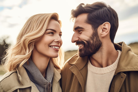 shot of a happy couple spending time together outdoors, created with generative aiの素材