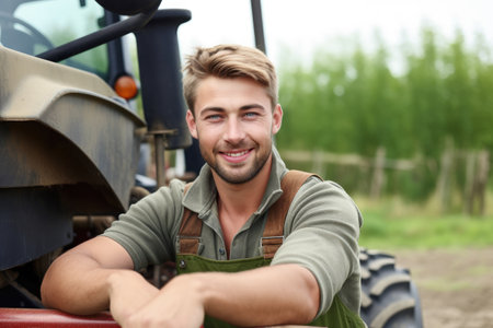 shot of a young farmer sitting on his tractor and looking at the camera with a smile, created with generative aiの素材