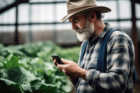 shot of a farmer using a cellphone while keeping an eye on the greenhouse, created with generative aiの素材