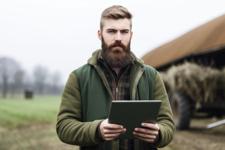 shot of a young farmer holding up his digital tablet, created with generative aiの素材