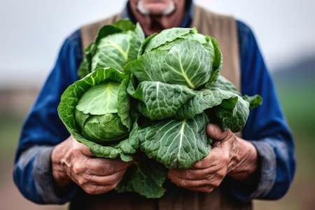 rearview shot of an unrecognizable farmer holding a bunch of green cabbages in his hands, created with generative aiの素材