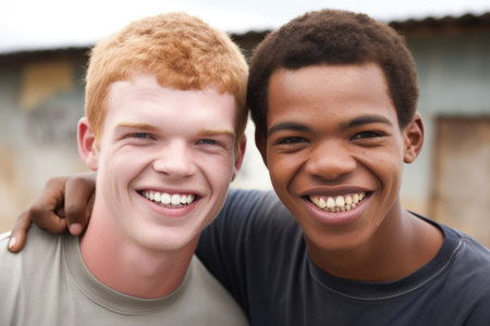 two young men smiling at the camera, created with generative aiの素材