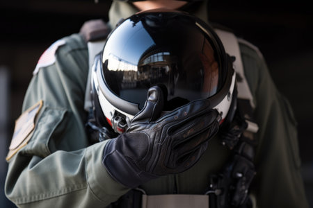 closeup of a pilot in uniform holding a helmet, created with generative aiの素材