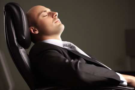 cropped image of a businessman leaning back in his office chair, created with generative aiの素材