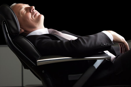 cropped image of a businessman leaning back in his office chair, created with generative aiの素材
