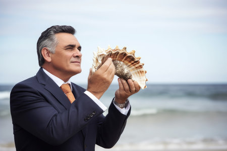 shot of a handsome politician holding a conch shell, created with generative aiの素材