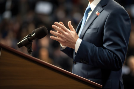 cropped shot of a politician giving a speech in front of an audience, created with generative aiの素材