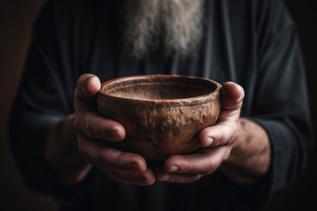 shot of a man holding a bowl in his hands, created with generative aiの素材
