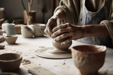 cropped shot of an unrecognizable woman working in a ceramics studio, created with generative aiの素材