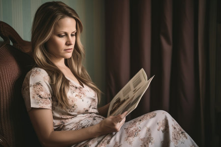 a pregnant woman looking thoughtful while reading a magazine, created with generative aiの素材