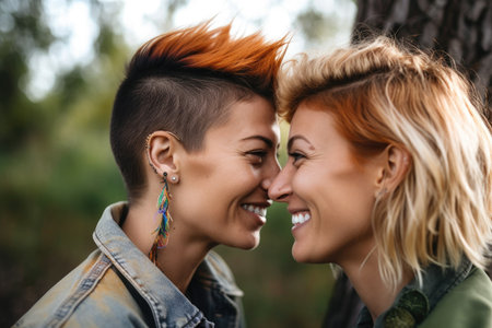 shot of a happy lesbian couple enjoying the outdoors, created with generative aiの素材