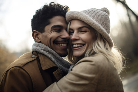 shot of two people smiling and embracing each other outdoors, created with generative aiの素材