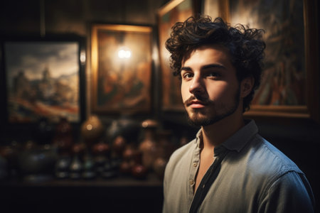 shot of a handsome young man standing behind his exhibition, created with generative aiの素材