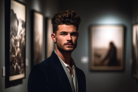 shot of a handsome young man standing behind his exhibition, created with generative aiの素材