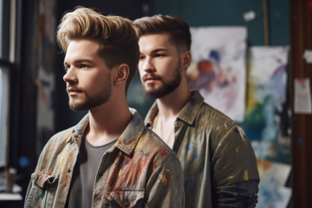 cropped shot of a gay couple in their art studio, created with generative aiの素材