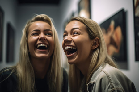 shot of two friends having fun at an art exhibition, created with generative aiの素材