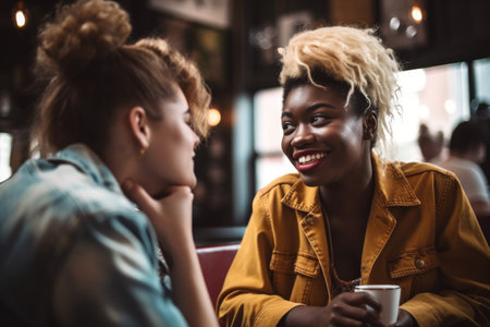 shot of two friends having a conversation in a coffee shop, created with generative aiの素材